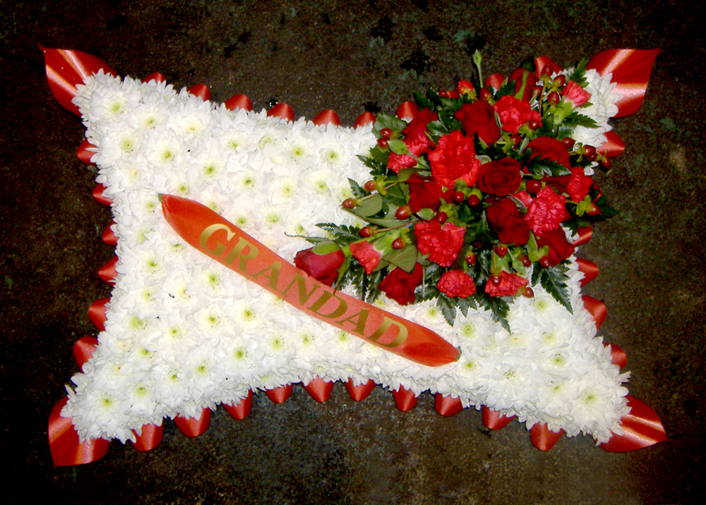 Blocked Pillow, White, Red Roses, Funerals, Radcliffe Florist