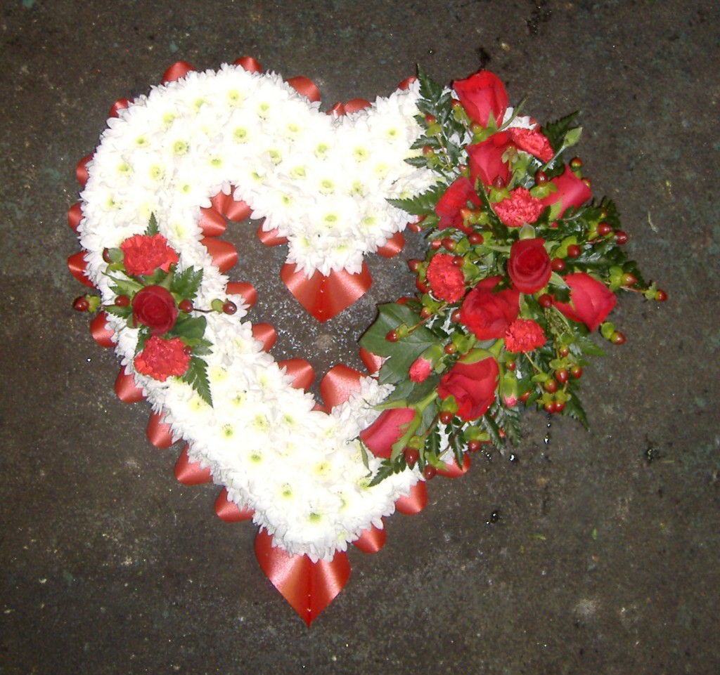 Blocked Open Heart, White with Red Roses, Radcliffe Florist, Fresh Flowers