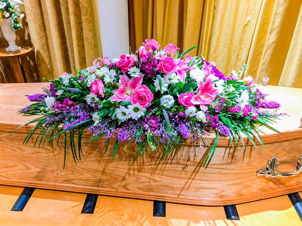 Coffin Arrangement Bright Shades Of Pink, Cerise and Purple