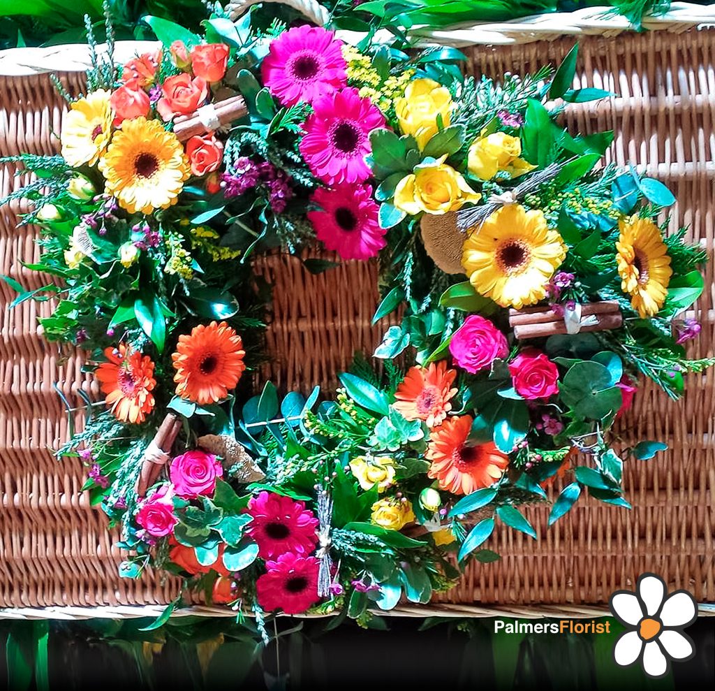 26 Loose Open Country Garden Heart Using Gerbera and Roses with Mixed Foliage