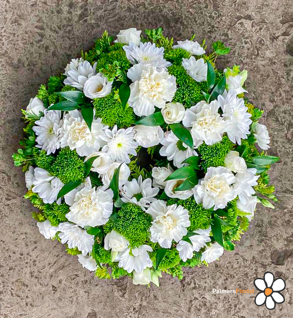 Loose Wreaths, Whites and Greens, Radcliffe Florist, Flowers, Funeral