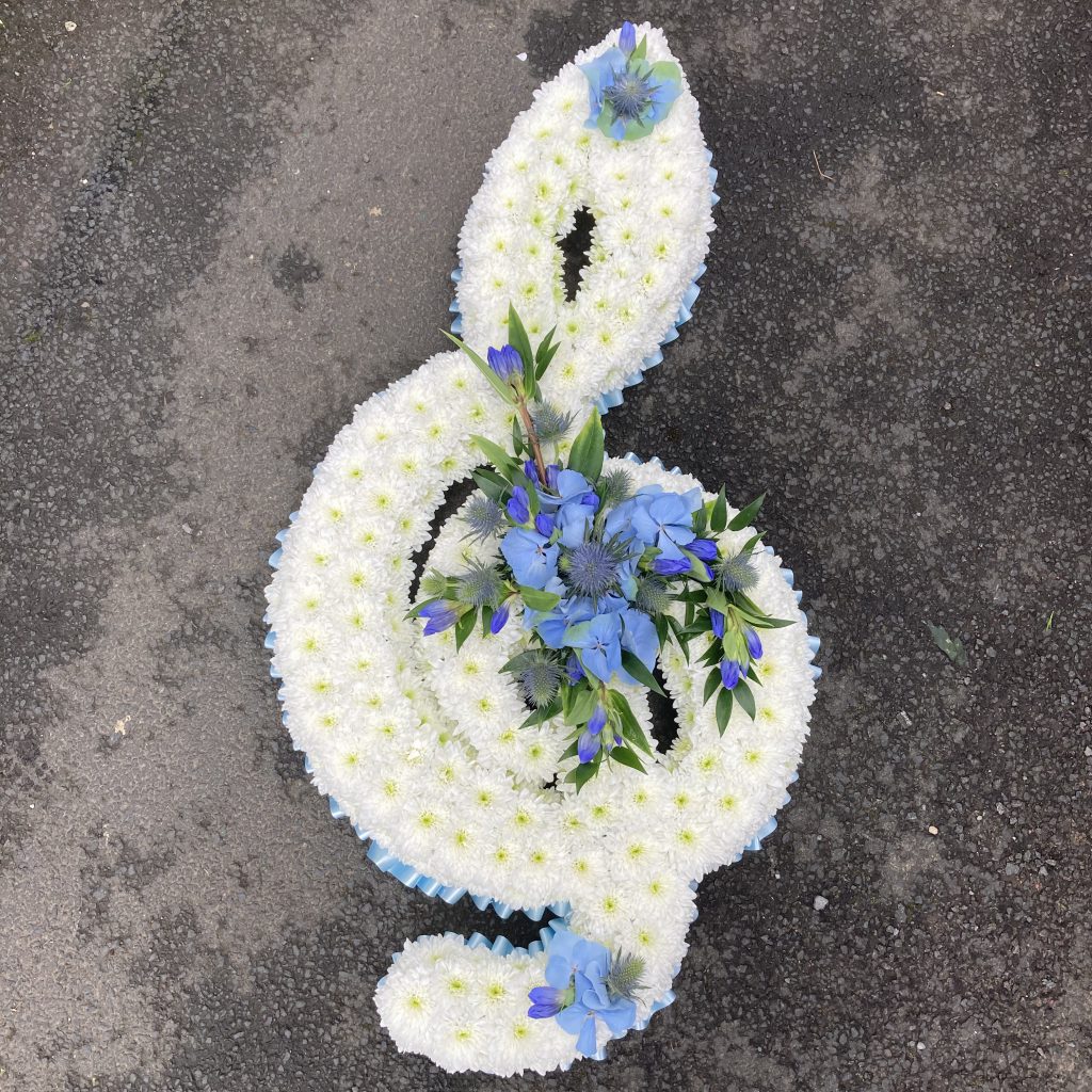 Treble clef, tribute, funeral, Flowers, Radcliffe, Bury