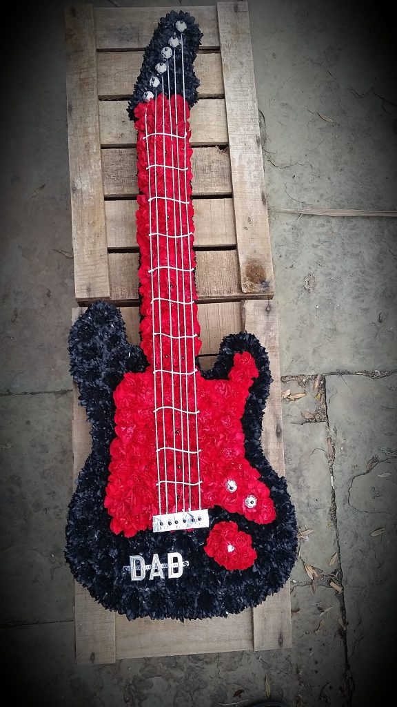 Electric guitar, tribute, funeral, Flowers, Radcliffe, Bury